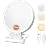 Miroir grossissant 1X/30X avec lumière et luminosité réglable, miroir de maquillage avec rotation à 360 °, poignée pliable réglable, miroirs double face portables, rechargeables, miroir de courtoisie