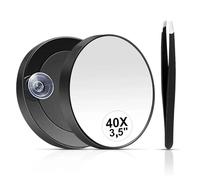 Miroir grossissant 40x avec ventouse et pince à épiler, miroir cosmétique noir avec ventouse, petit miroir cosmétique avec grossissement pour un maquillage précis et une épilation des sourcils (40x)