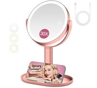 Miroir Grossissant Lumineux 30X/1X 2 Côtés, Mirroir Maquilleur Lumineux, Mode D'éclairage Tricolore Luminosité/Hauteur Réglable, Miroir de Courtoisie Avec éclairage et Grossissement (Or Rose)