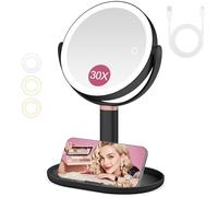 Miroir Grossissant Lumineux 30X/1X 2 Côtés, Mirroir Maquilleur Lumineux, Mode D'éclairage Tricolore Luminosité/Hauteur Réglable, Miroir de Courtoisie avec éclairage et Grossissement (NOIR)