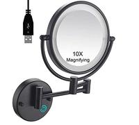 Miroir Grossissant Lumineux Mural x10, Double Face Miroir Salle de Bain Anti Buee, 360° Pivotant et Extensible Miroir de Rasage en Acier Inoxydable, Verre Cristal et Laiton