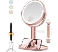 Miroir Grossissant Lumineux X 20, Miroir Grossissant Sur Pied 8"", Miroirs Maquillage Lumineux Sur Pied Double Face 3 Couleurs 64 Led, Rechargeable Rotation 360°