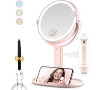 Miroir Grossissant Lumineux X 20, Miroir Grossissant Sur Pied 8"", Miroirs Maquillage Lumineux Sur Pied Double Face 3 Couleurs 64 Led, Rechargeable Rotation 360°