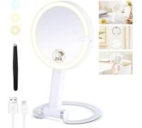 Miroir Grossissant Lumineux X 20, Miroir Grossissant Sur Pied 8"", Miroirs Maquillage Lumineux Sur Pied Double Face 3 Couleurs 64 Led, Rechargeable Rotation 360°