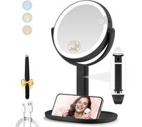 Miroir Grossissant Lumineux X 20, Miroir Grossissant Sur Pied 8"", Miroirs Maquillage Lumineux Sur Pied Double Face 3 Couleurs 64 Led, Rechargeable Rotation 360°