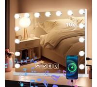 Miroir Hollywood avec Bluetooth avec 15 lampes LED, miroir de maquillage 58 x 46 cm avec sortie USB et miroir cosmétique Bluetooth grossissant 10x, lumière à 3 températures de couleur, miroir à écran