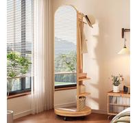 Miroir Intégral Rotatif À 360° avec Roues Pivotantes, Miroirs De Sol 2 en 1 et Porte-Manteau, Miroir Pleine Longueur en Bois Massif avec Porte-Manteau, pour Salon, Chambre À Coucher, Vestiaire