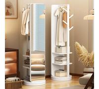 Miroir intégral rotatif à 360°, miroir pleine longueur en bois massif avec porte-manteau, miroirs de sol 2 en 1 et porte-manteau, pour chambre à coucher, salon (blanc, 40 x 40 x 170 cm)