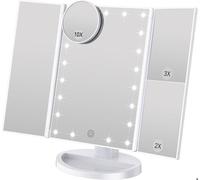 Miroir Maquillage Lumineux - Miroir Led - 21 LED et Grossissement 1X/ 2X/ 3X/ 10X, Blanc, Interrupteur Tactile - Miroir 3 faces