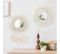 Miroir Mural 2Pcs Miroir à Franges En Macramé Boho Avec Pendentif En Plumes De Perles De Bois Miroir Rond D'art Mural Pour Couloir