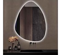 Miroir mural asymétrique sans cadre avec rétroéclairage LED, trois couleurs à intensité variable, design intelligent goutte d'eau irrégulière, bouton tactile pour salle de bain et décoration