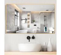 Miroir mural d'angle rond doré 70 x 90 cm, miroir décoratif moderne pour salle de bain et salon avec cadre en aluminium, montage mural, sans éclairage, décoration d'intérieur élégante.