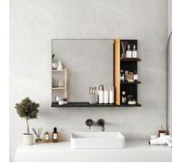 Miroir Mural de Salle de Bain avec étagères de Rangement Noir et bois clair, Bambou Véritable - Sanless BRS43C