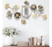 Miroir mural décoratif moderne en métal 3D Motif feuille de ginkgo pour salon, chambre à coucher, salle de bain ou couloir