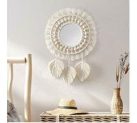 Miroir Mural Franges en Macram Pendentif en Plumes et Perles de Bois Miroir Rond pour Chambre et Salon Beige PZCC