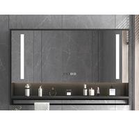 Miroir mural intelligent de salle de bain avec désembuage LED, lumière de maquillage à intensité variable en continu, armoire à pharmacie, affichage de l'heure, design moderne pour un confort ultime
