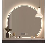 Miroir mural intelligent de salle de bain LED 3 couleurs à intensité variable, anti-buée, incassable, miroir de maquillage semi-circulaire moderne avec affichage de l'heure et de la température (50 x