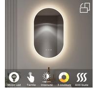 Miroir Mural LED Lumineux ovale 50 x80 cm réversible (2100 LMS) Tactile : antibuée + intensité et Couleur réglables - CLUB