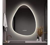 Miroir mural moderne à LED en forme de goutte - Miroir de courtoisie rétroéclairé sans cadre avec 3 couleurs anti-buée à intensité variable - Affichage de l'heure et de la température - Design