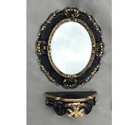 Miroir mural ovale noir doré avec console antique 45 x 37 cm