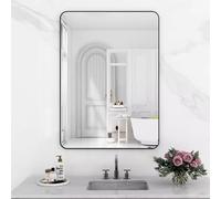 Miroir mural rectangulaire moderne avec cadre en aluminium noir - Design d'angle rond - Parfait pour salle de bain, chambre à coucher ou salon - 30 x 40 cm