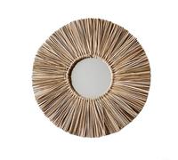 Miroir mural rond à suspendre en corde de paille - Miroir mural avec perles en bois de 39 cm - Couleur naturelle - Pour la maison, le bureau, la salle de bain, le salon, la chambre à coucher, l'entrée