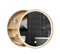Miroir mural rond de salle de bain avec rangement en bois avec lumière pour chambre à coucher Miroir de courtoisie rond élégant avec éclairage intégré