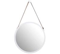 Miroir Mural Rond Suspendu en Bambou Massif et Cuir Réglable - Blanc