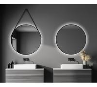 Miroir mural rond Talos Black Light Matt Ø 80 cm - miroir de bain avec éclairage indirect - sangle de suspension en aspect cuir - miroir éclairé avec lumière blanche neutre - cadre en aluminium noir m
