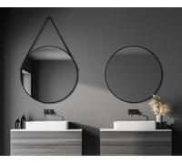 Miroir mural rond Talos Black Style Matt Ø 80 cm - miroir de salle de bain avec sangle de suspension en aspect cuir - cadre tout aluminium de haute qualité en noir - miroir de salle de bain