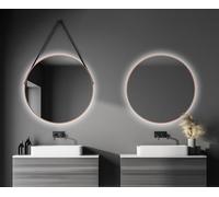 Miroir mural rond Talos Copper Light Matt Ø 80 cm - miroir de bain avec éclairage indirect - sangle de suspension en aspect cuir - miroir éclairé avec lumière blanche neutre - cadre en aluminium de ha