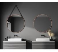Miroir mural rond Talos Copper Style Matt Ø 80 cm - miroir de bain avec bande de suspension en aspect cuir - cadre en aluminium de haute qualité en couleur cuivre - miroir de bain