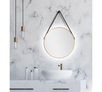 Miroir mural rond Talos Gold Light Matt Ø 50 cm - miroir de bain avec éclairage indirect - sangle de suspension en aspect cuir - miroir éclairé avec lumière blanche neutre - cadre en aluminium doré ma
