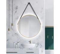 Miroir mural rond Talos Gold Light Matt Ø 80 cm - miroir de bain avec éclairage indirect - sangle de suspension en aspect cuir - miroir éclairé avec lumière blanche neutre - cadre en aluminium doré ma