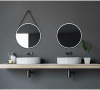 Miroir mural rond Talos White Style Matt Ø 50 cm - miroir de bain avec bandeau de suspension en aspect cuir - cadre tout aluminium de haute qualité en blanc - miroir de bain