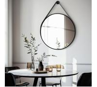 Miroir Mural Ronde Noir avec Sangle - 80cm Grand Miroir Suspendu Minimaliste Décoratif pour Salon Salle de Bain Entrée