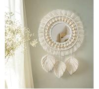 Miroir mural suspendu avec franges en macramé,décoration ronde avec perles en bois,pendentif en plumes pour salon,chambre de bébé