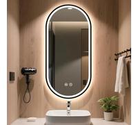 Miroir Ovale Avec Cadre En Aluminium, Miroir De Salle De Bain à LED, Rétroéclairé, 3 Couleurs Graduables, Miroir Mural, Miroir De Maquillage Intelligent, HD, Antidéflagrant, N(Size:40x80CM,Color:noir)