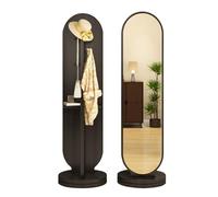 Miroir pleine longueur 2 en 1 avec porte-manteau - Miroir de sol rotatif à 360° - Grand miroir avec crochets et étagères pour chambre à coucher, salon, couloir (noir)