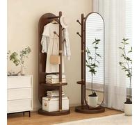 Miroir Pleine Longueur avec Porte-Manteau, Miroir Intégral avec Crochets et 2 Niveaux étagères de Rangement, Rotatif à 360°, Meuble Pratique pour Salon Chambre à Coucher