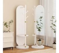Miroir Pleine Longueur avec Porte-Manteau, Miroir Intégral avec Crochets et 2 Niveaux étagères de Rangement, Rotatif à 360°, Meuble Pratique pour Salon Chambre à Coucher