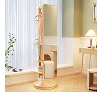 Miroir pleine longueur rotatif à 360° avec cadre en bois massif au sol Design porte-manteau intégré Crochets et étagères pour salon, chambre à coucher et vestiaire - Couleur bois originale