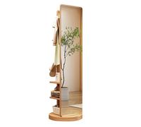 Miroir Pleine Longueur Rotatif à 360° avec Porte-vêtements, Porte-manteau au sol 2 en 1 Miroir intégral avec Crochets et rangement caché, Miroir d'habillage de Plancher en Bois Peu encombrant