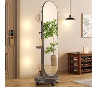Miroir pleine longueur rotatif à 360 degrés en bois massif avec cintre à vêtements et roues pivotantes Miroir de sol autoportant pour décoration de chambre et salon