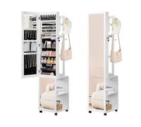Miroir Rangement Bijoux Mobile, Rotative à 360 Armoire à Bijoux avec 8 LED, Verrouillable, avec Miroir Pleine Longueur, Armoire Miroir pour Chambre