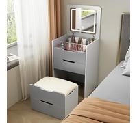 Miroir réglable éclairé à DEL avec design pliable, 3 réglages de couleur, tabouret caché avec tiroirs, table de chevet multifonctionnelle, gris et blanc, 60 cm