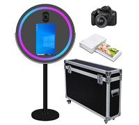 Miroir rond avec cadre LED pour selfie, écran tactile de 54,6 cm, miroir magique pour mariage, fête, événements (noir, cabine photo + appareil photo + mini imprimante)