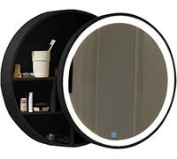 Miroir rond LED pour salle de bain avec lumière - Miroir mural - Rangement coulissant en bois anti-buée - Miroir de salle de bain - Noir - 70 cm