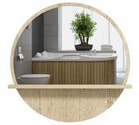 Miroir rond mural de salle de bain style cosy avec étagère - Ø 45 cm - effet bois naturel G