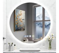 Miroir Salle de Bain avec Eclairage 60x60cm,Miroir Rond Salle de Bain Mural,Miroirs LED Sall d Ba n avec Anti-Buée,Interrupteur Tactile,Affichage Heure,3 Couleurs Lumière,Dimmable,Mémoire